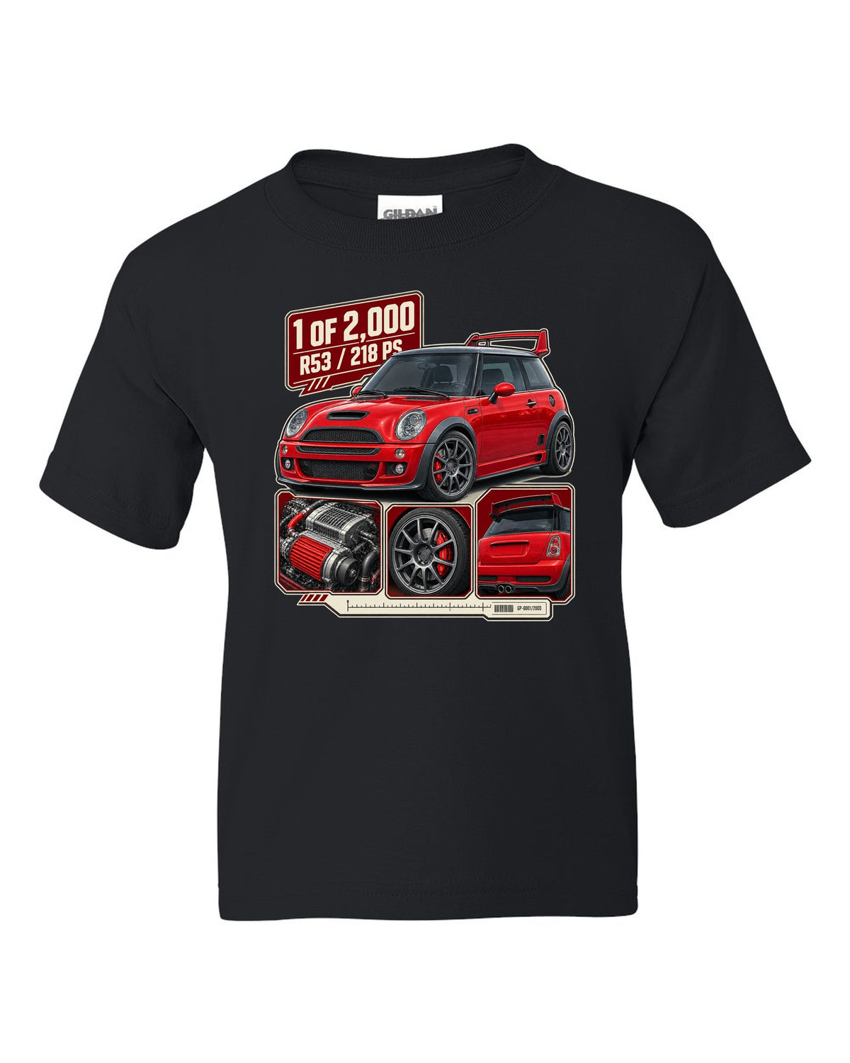 Dossier panel print for the Mini Cooper S Works GP R53 2006 showing 1 of 2,000 black kids tee front view with the design