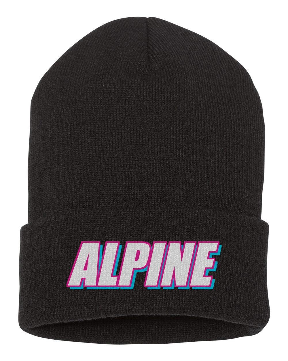 Alpine black beanie front view with car name