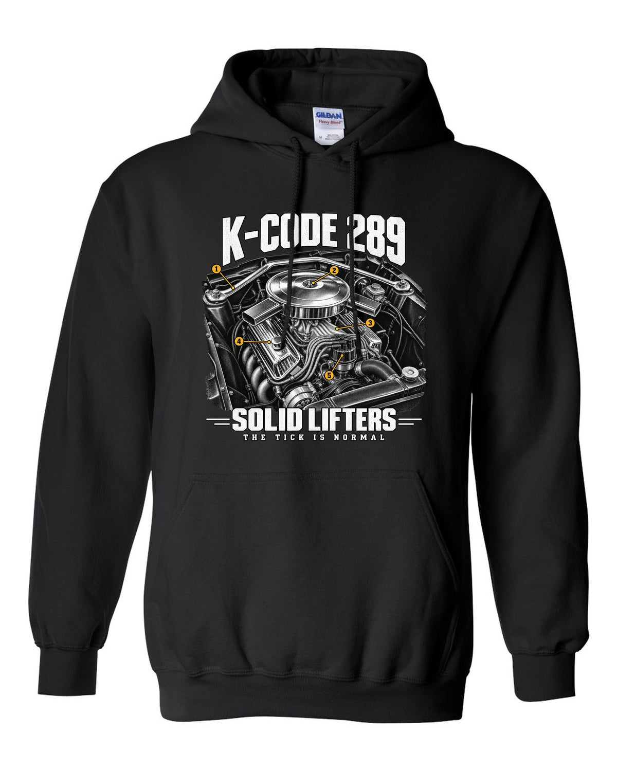 Engine illustration of a 1965 Ford Mustang K-code 289 V8 with solid lifter callouts black pull over hoodie front view with the design