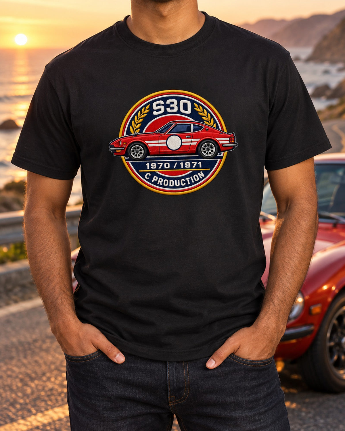 Datsun 240Z S30 Round Crest print Shirt T-Shirt Black worn hero
