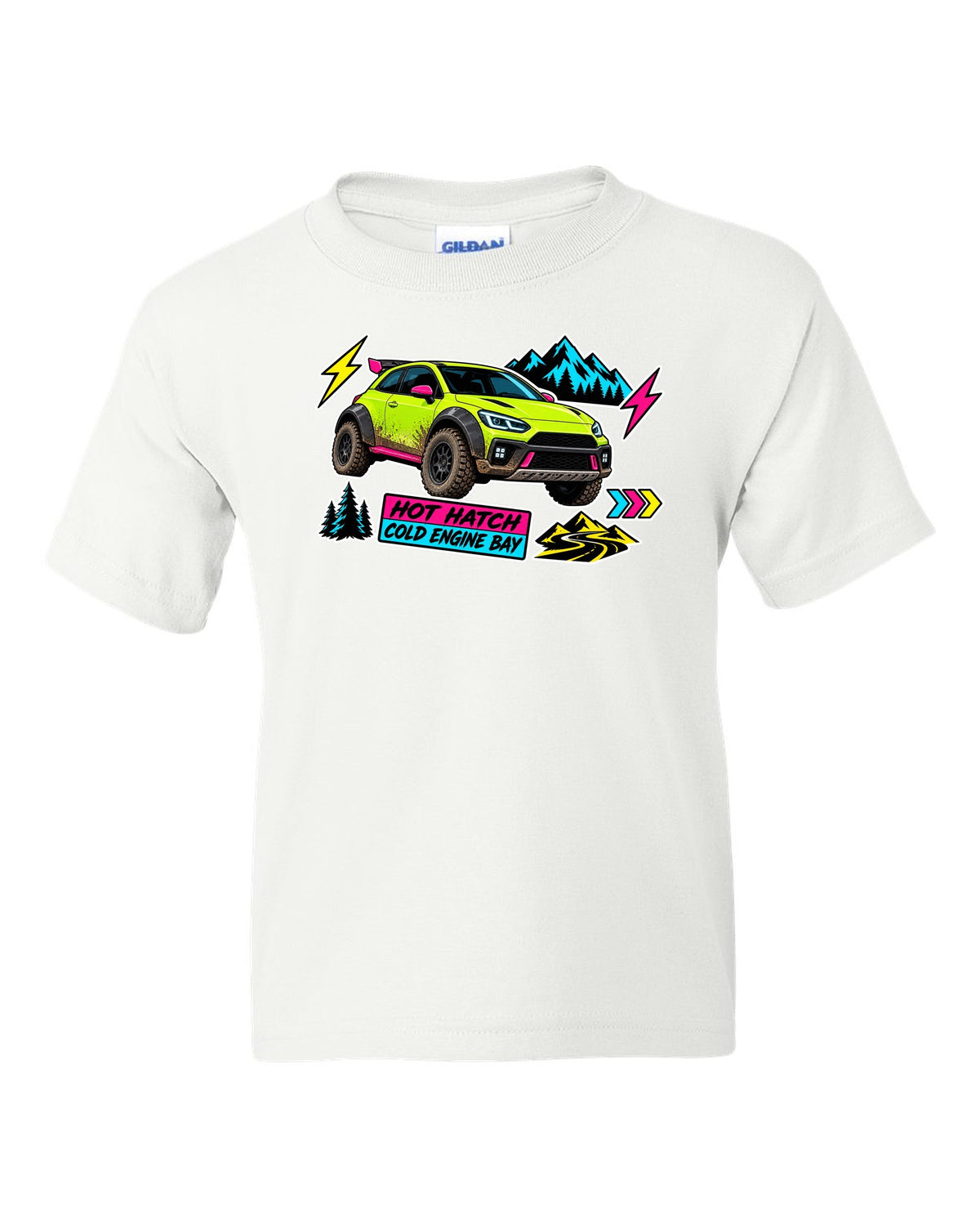 Rivian R3X die-cut slap sticker collage print with the text hot ch cold engine bay white kids tee front view with the design