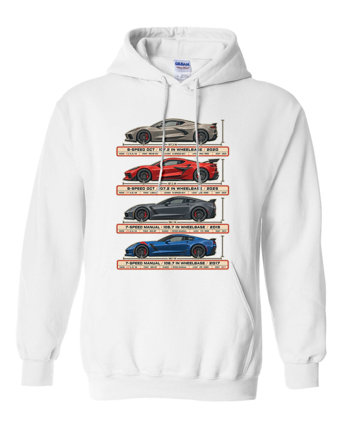 print of a Chevrolet Corvette C8 Stingray spec poster showing DCT and wheelbase figures white pull over hoodie front view with the design