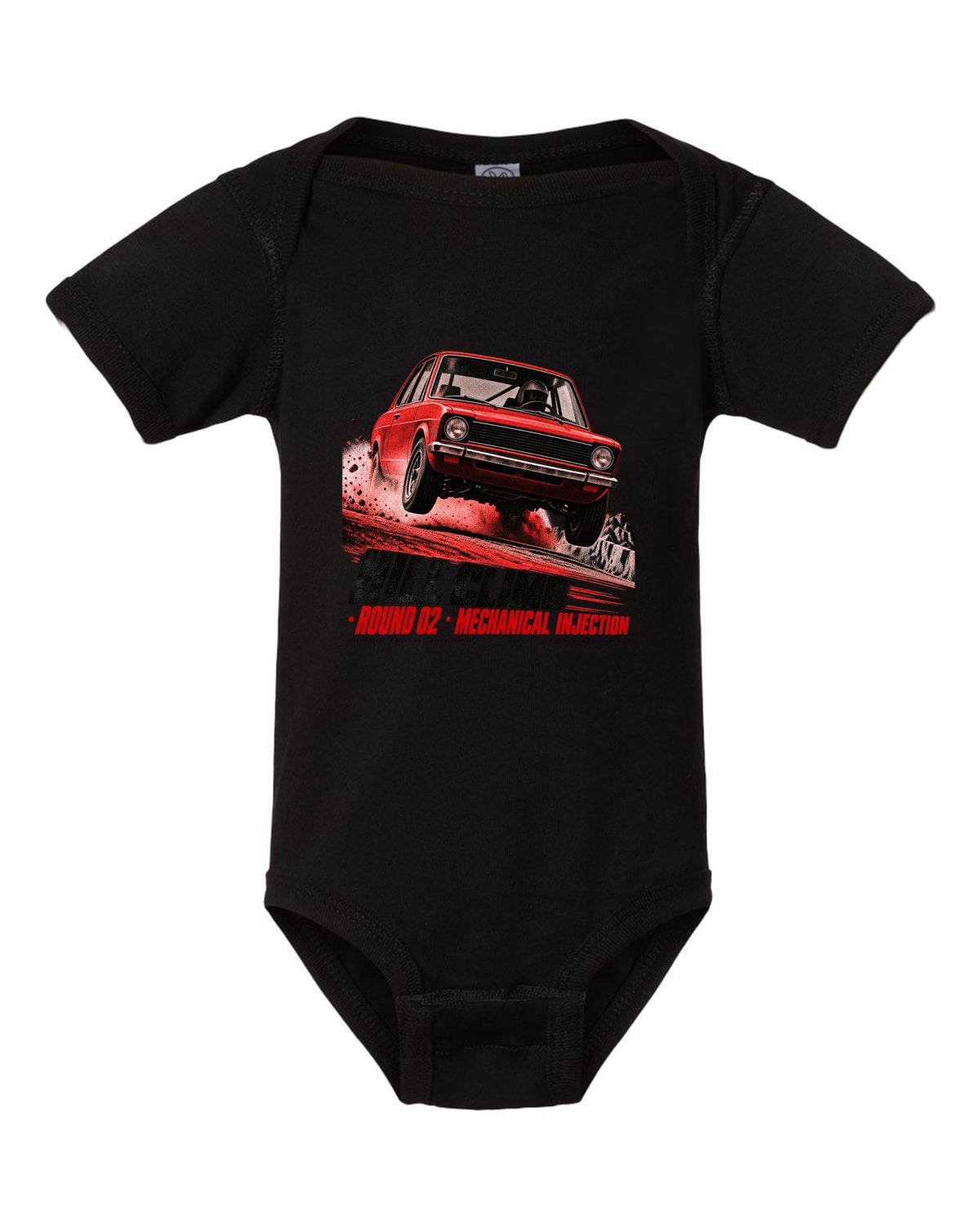 BMW 2002 tii hill climb race poster print with mechanical injection text black baby onesie front view with the design