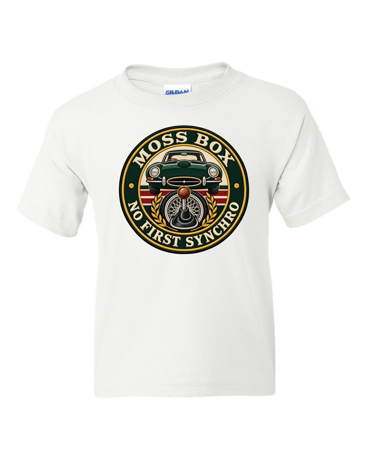 Varsity embroidery-style print for the 1961 Jaguar E-Type Series 1 with Moss box lettering white kids tee front view with the design