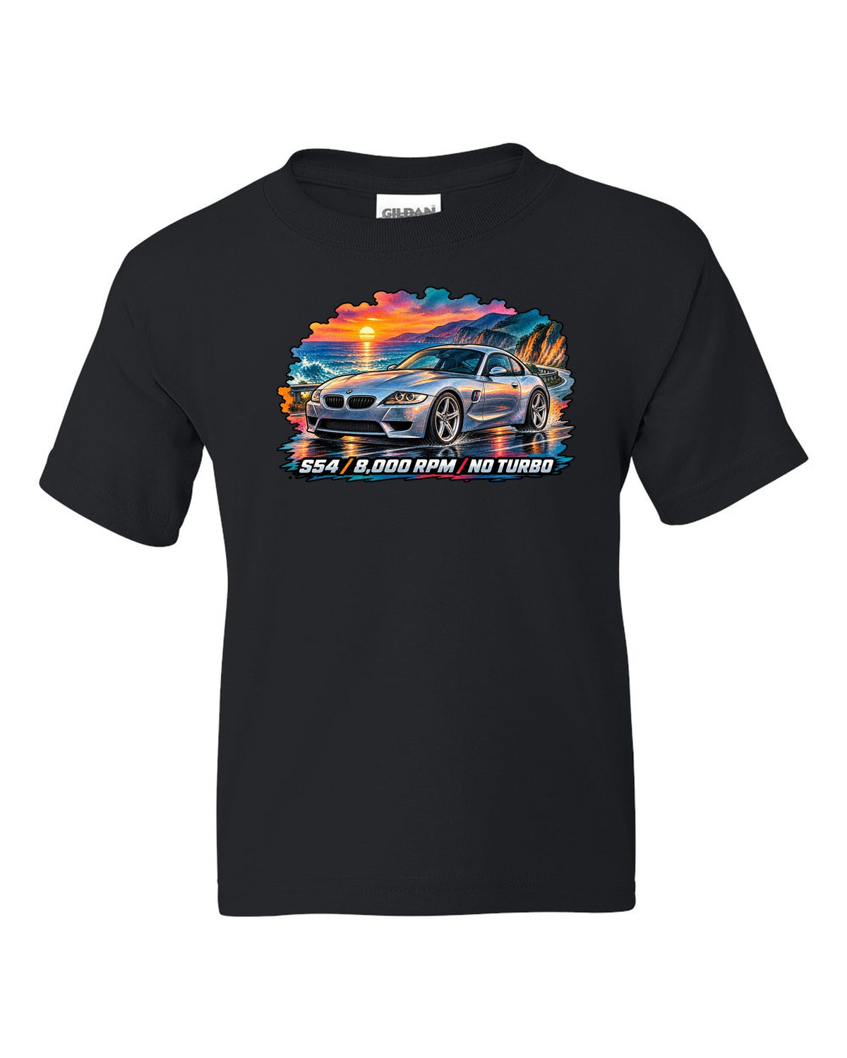 BMW Z3 M Coupe 16-bit pixel art print with Clown Shoe 3.2 text black kids tee front view with the design