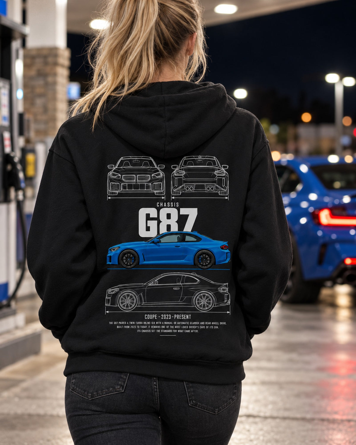BMW G87 M2 compact coupe Blueprint Full-Back Graphic Tee, G87 Chassis Code Pull Over Hoodie Black worn hero