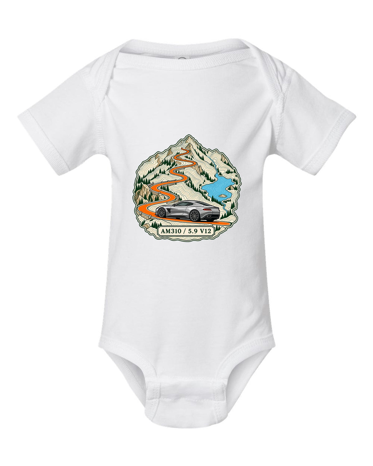 Topographic ridge route map print for the 2012 Aston Martin Vanquish AM310 with 5.9 V12 lettering white baby onesie front view with the design