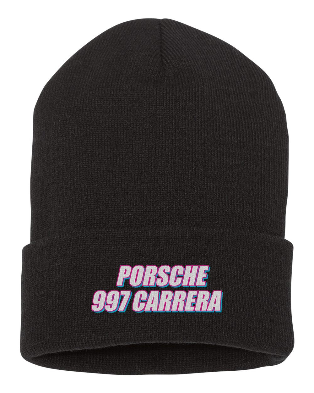 Porsche 997 Carrera black beanie front view with car name