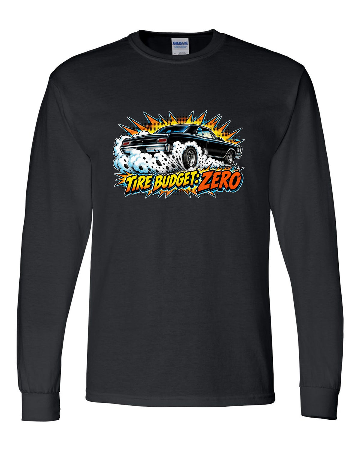 Comic halftone burst illustration of a 1966 Chevrolet Chevelle Malibu SS doing a burnout black long sleeve front view with the design