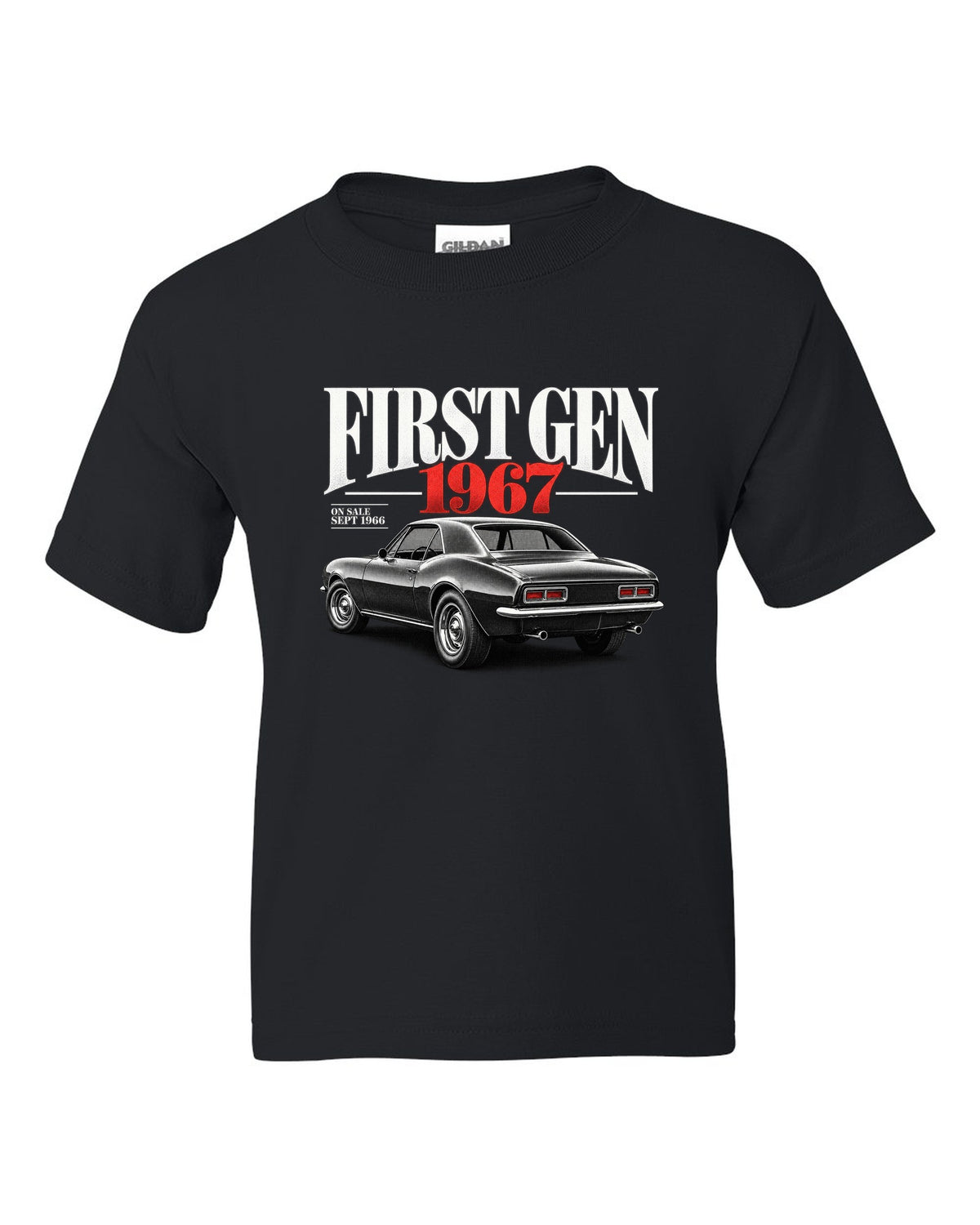 Editorial headline print of a 1967 first-gen Chevrolet Camaro with September 1966 on-sale date black kids tee front view with the design