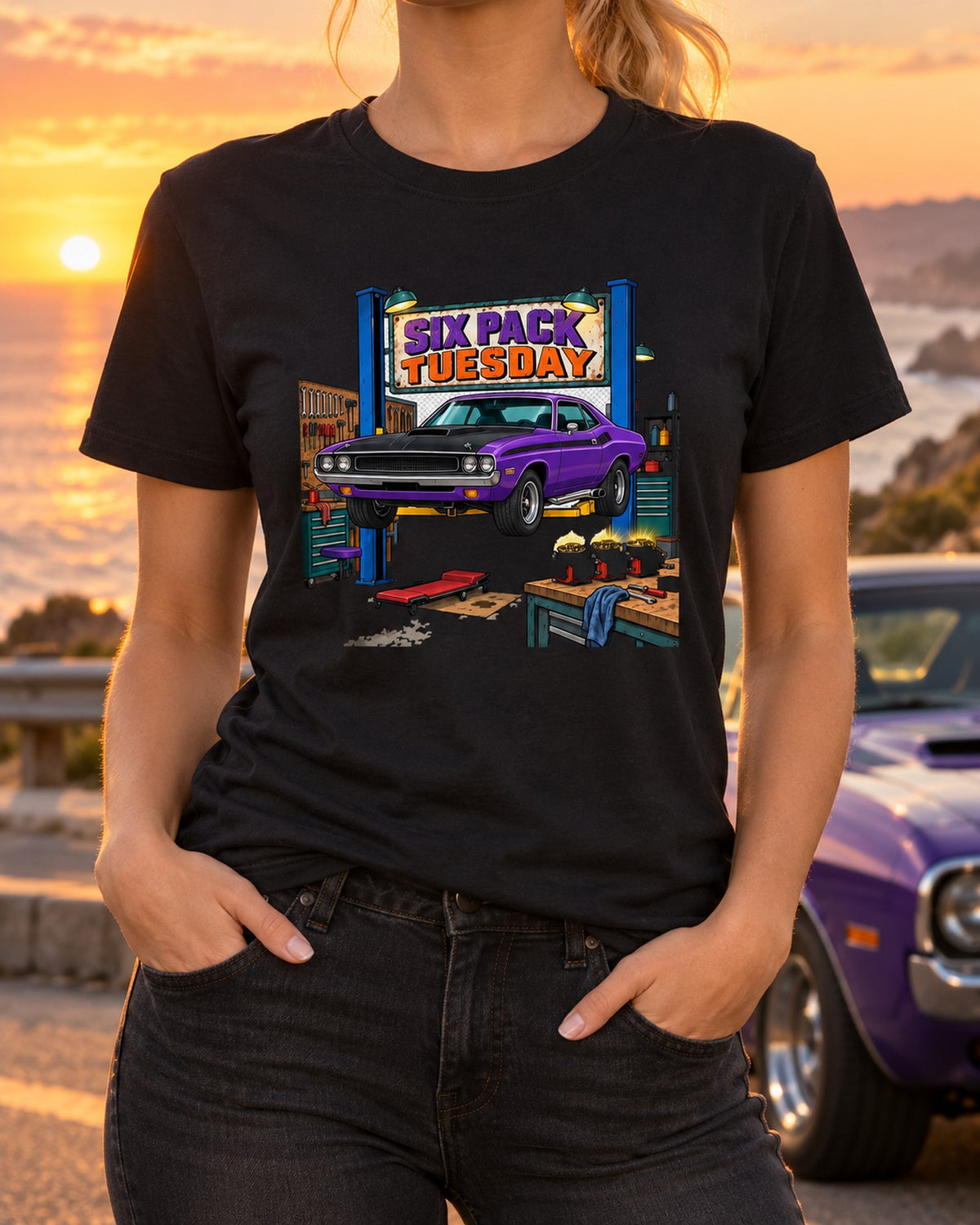 1970 Dodge Challenger T/A Six Pack Tuesday Garage Tee T-Shirt Black worn hero
