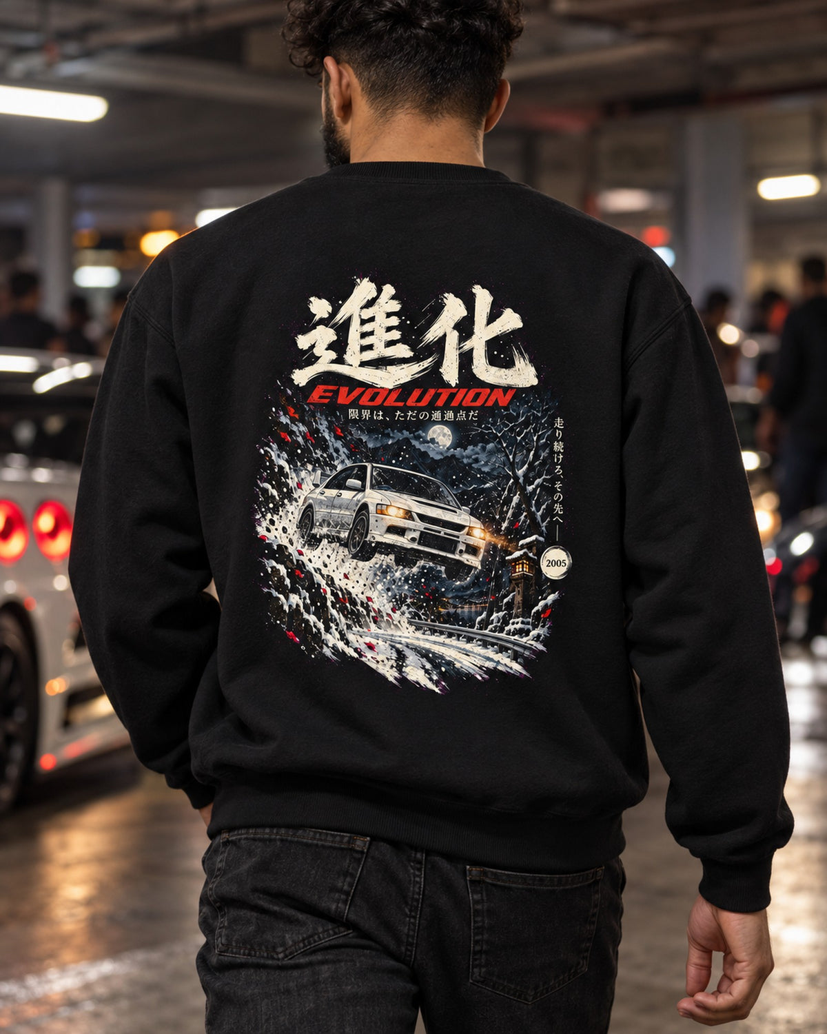 Mitsubishi Lancer Evo IX Evolution Shirt, Hoodie & More Crewneck Black worn hero