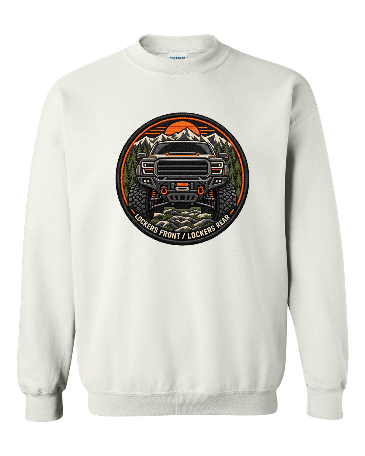 Embroidery-style patch print of a Ram 2500 Power Wagon grille with locker text white crewneck front view with the design