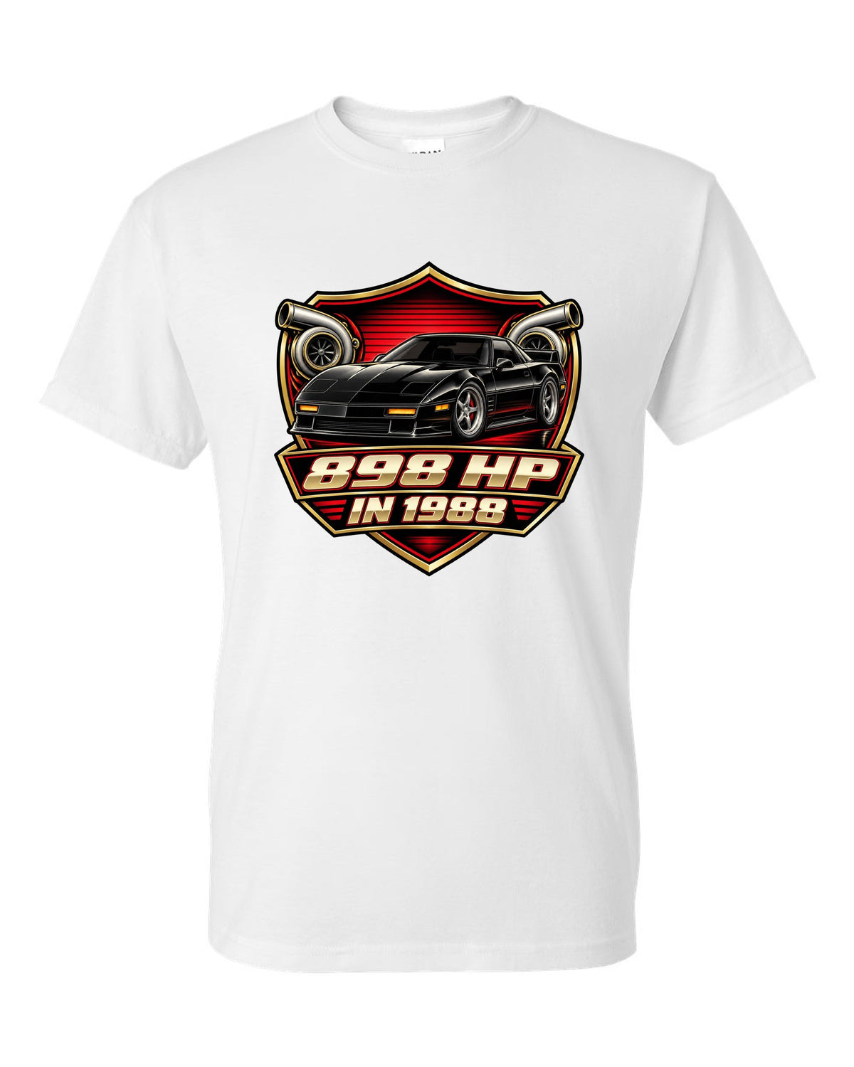 Badge crest design of a 2024 C8 hybrid AWD Corvette with 898 hp lettering white t-shirt front view with the design