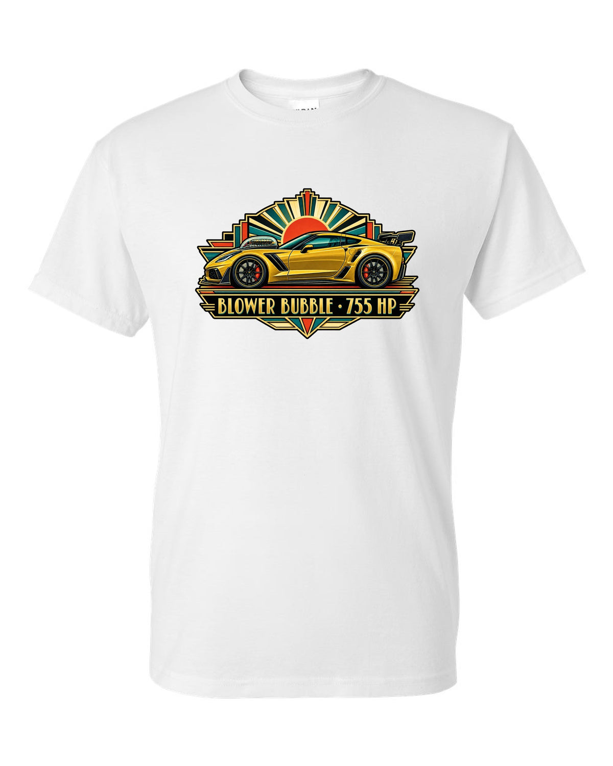 Art deco racing poster print of a 2019 Chevrolet Corvette C7 ZR1 with 755 HP blower bubble lettering white t-shirt front view with the design
