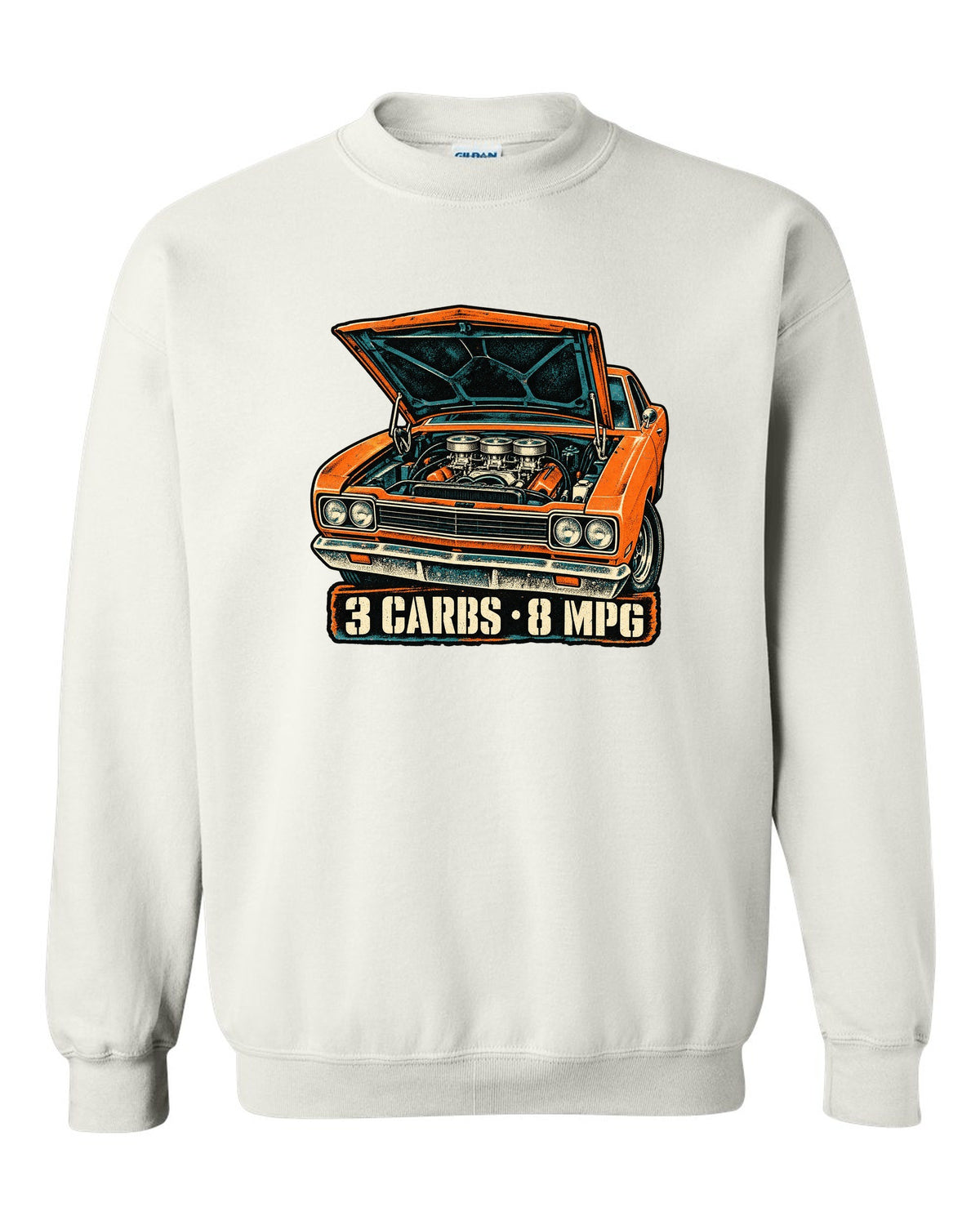 Four-colour grunge screen-print of a 1969 Plymouth Road Runner Six Pack with 3 carbs 8 MPG text white crewneck front view with the design