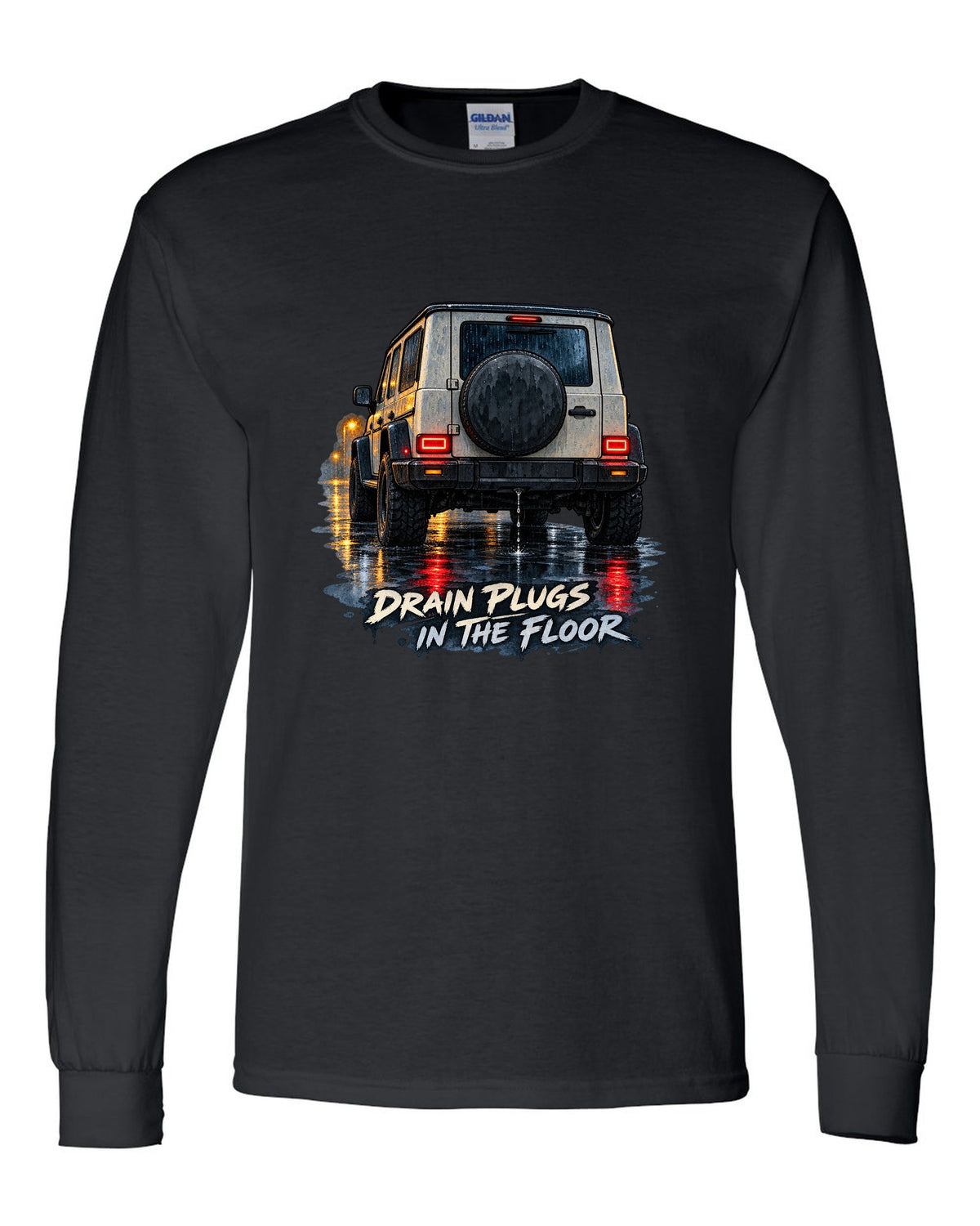 Jeep Wrangler JL taillight reflections on wet road in watercolour with drain plugs in the floor text black long sleeve front view with the design