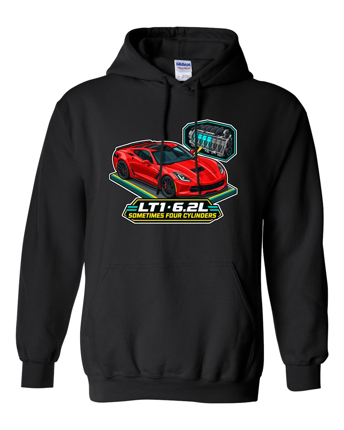 Art deco Le Mans night racing poster print of a yellow Chevrolet Corvette C8.R with LT1 6.2L lettering black pull over hoodie front view with the design