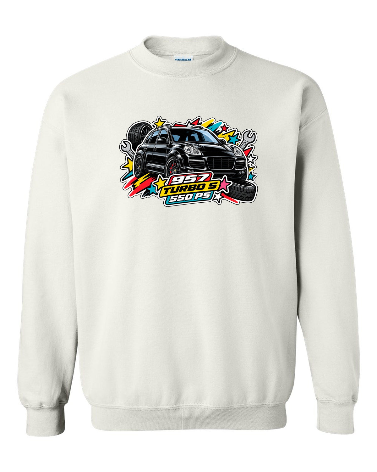 Porsche 991 R patent line art coupe design with 6-speed and 991 built text white crewneck front view with the design