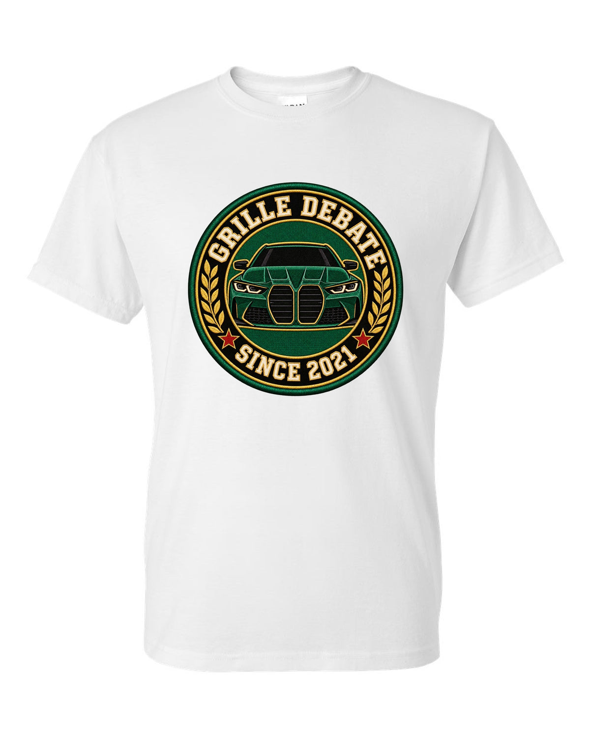 BMW G80 M3 varsity crest print with grille debate since 2021 text white t-shirt front view with the design