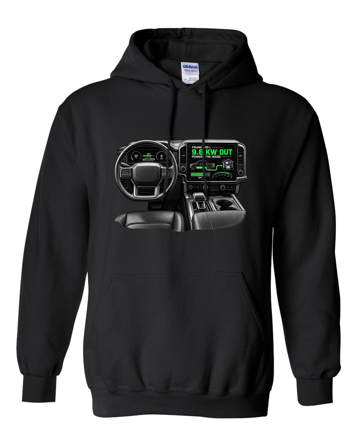 Ford F-150 Lightning 2022 interior centre screen crop with frunk readout black pull over hoodie front view with the design