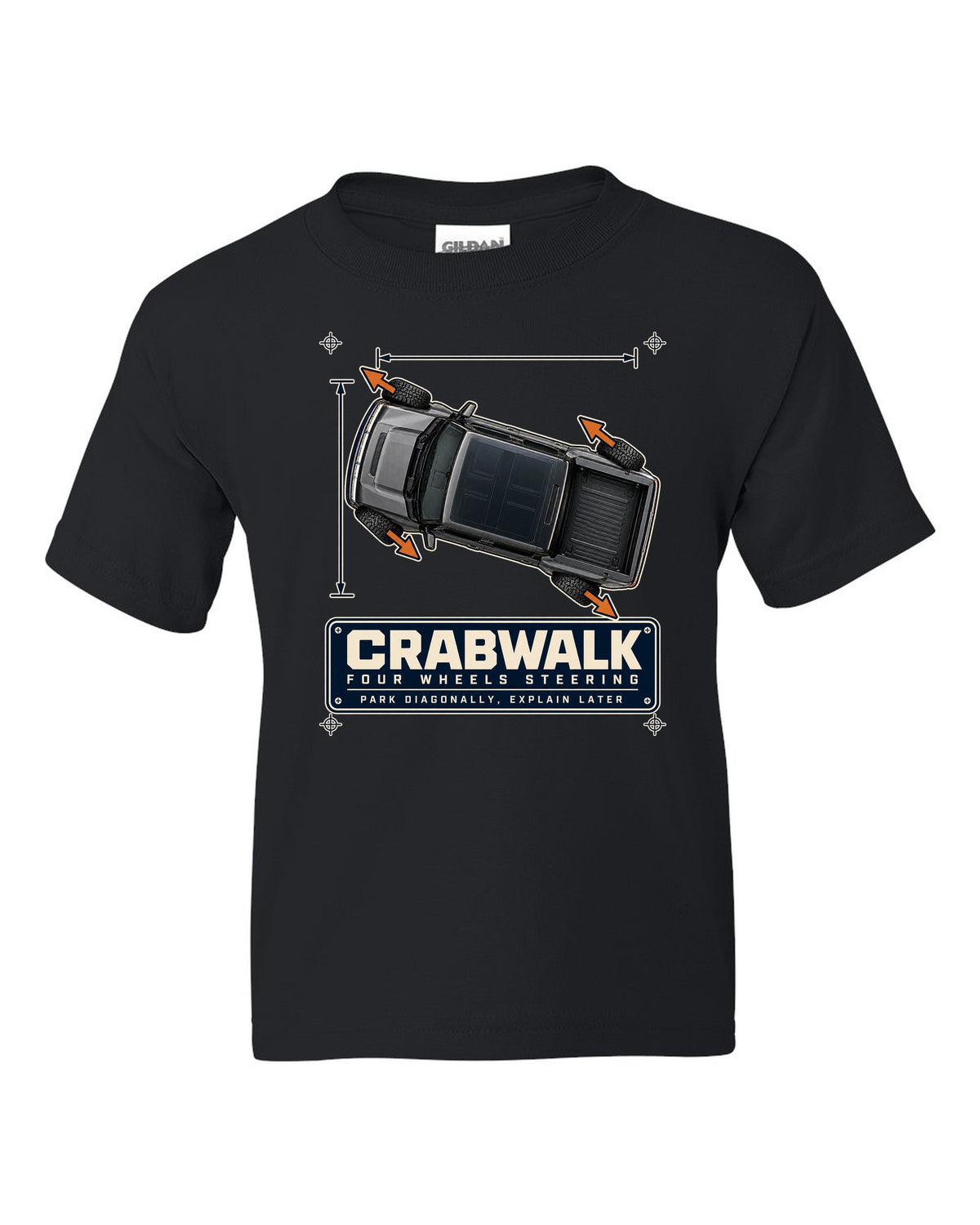 Top-view dimension blueprint print of a Hummer EV pickup showing CrabWalk diagonal steering black kids tee front view with the design