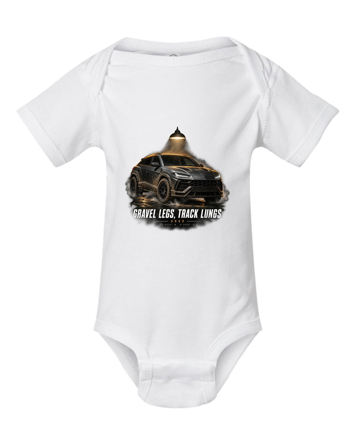 Lamborghini Urus Performante 2022 garage night print, gravel legs track lungs white baby onesie front view with the design