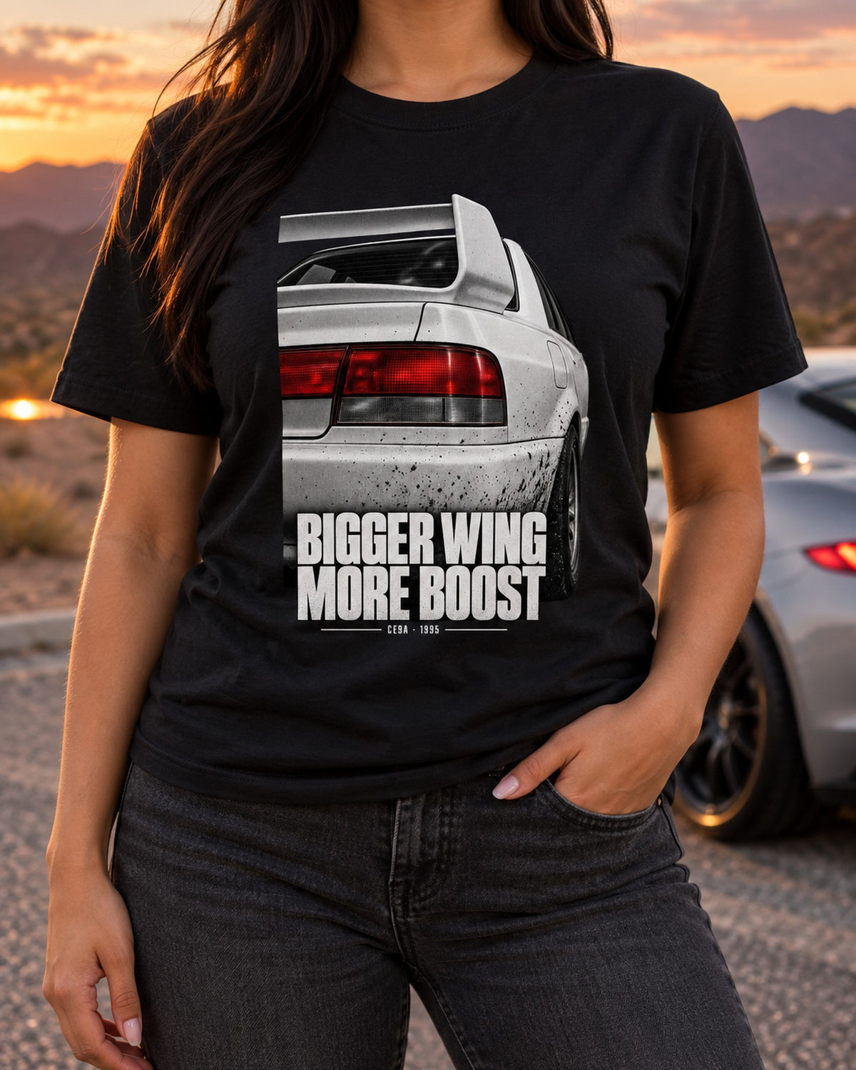 Mitsubishi Lancer Evo III CE9A Bigger Wing Tail Detail Shirt T-Shirt Black worn hero
