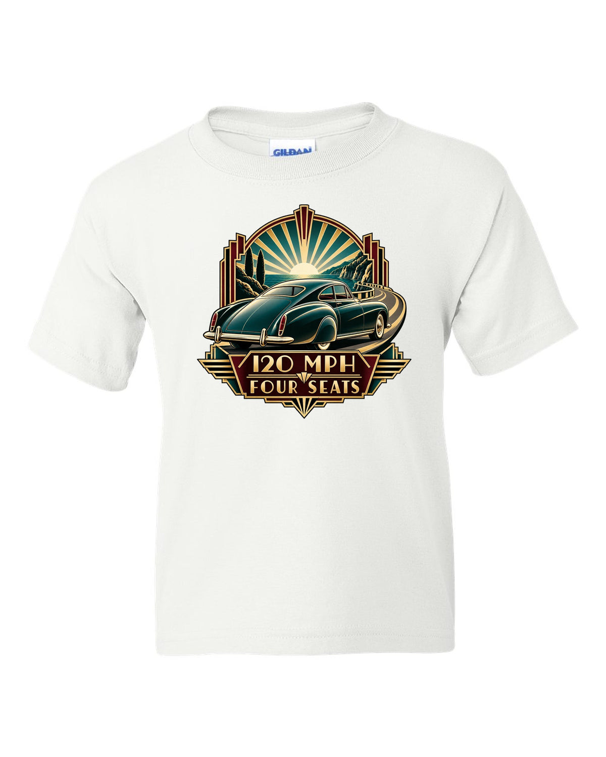 Synthwave outrun print of a 1982 Bentley Mulsanne Turbo with 120 mph and four seats lettering white kids tee front view with the design