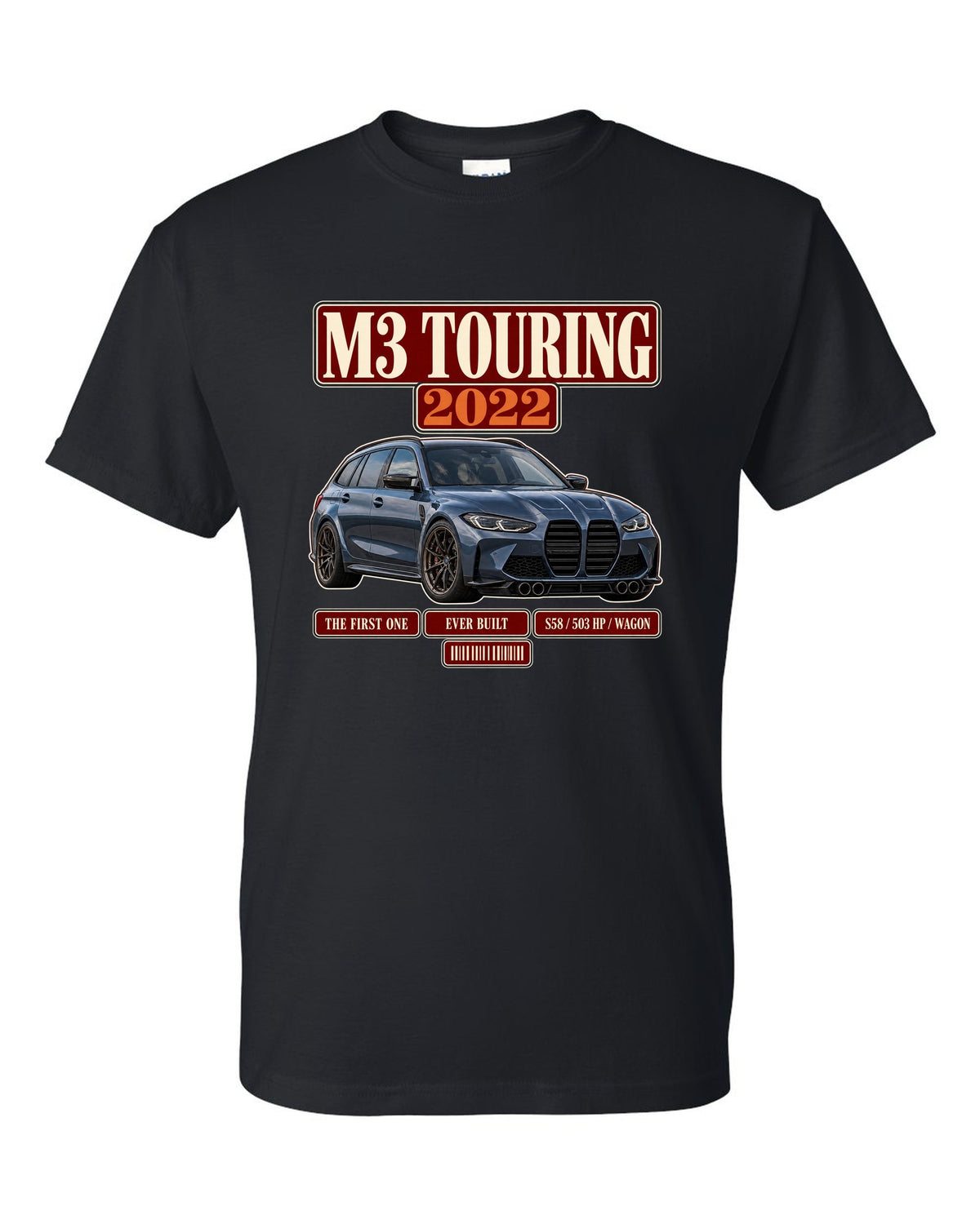 BMW M3 Touring G81 archive panel print with first ever built text black t-shirt front view with the design