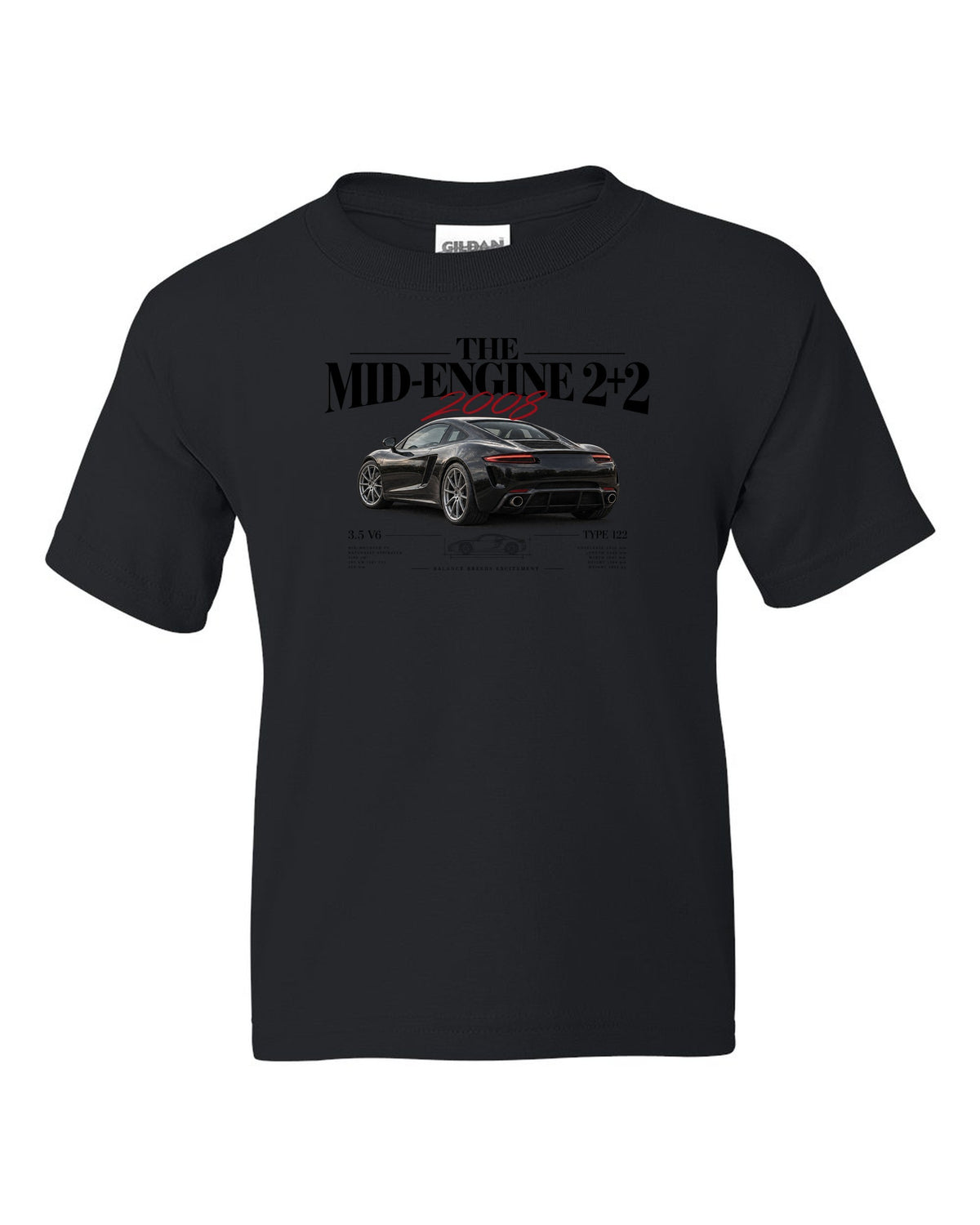 Editorial headline print of a 2008 Lotus Evora Type 122 about the mid-engine 2+2 black kids tee front view with the design