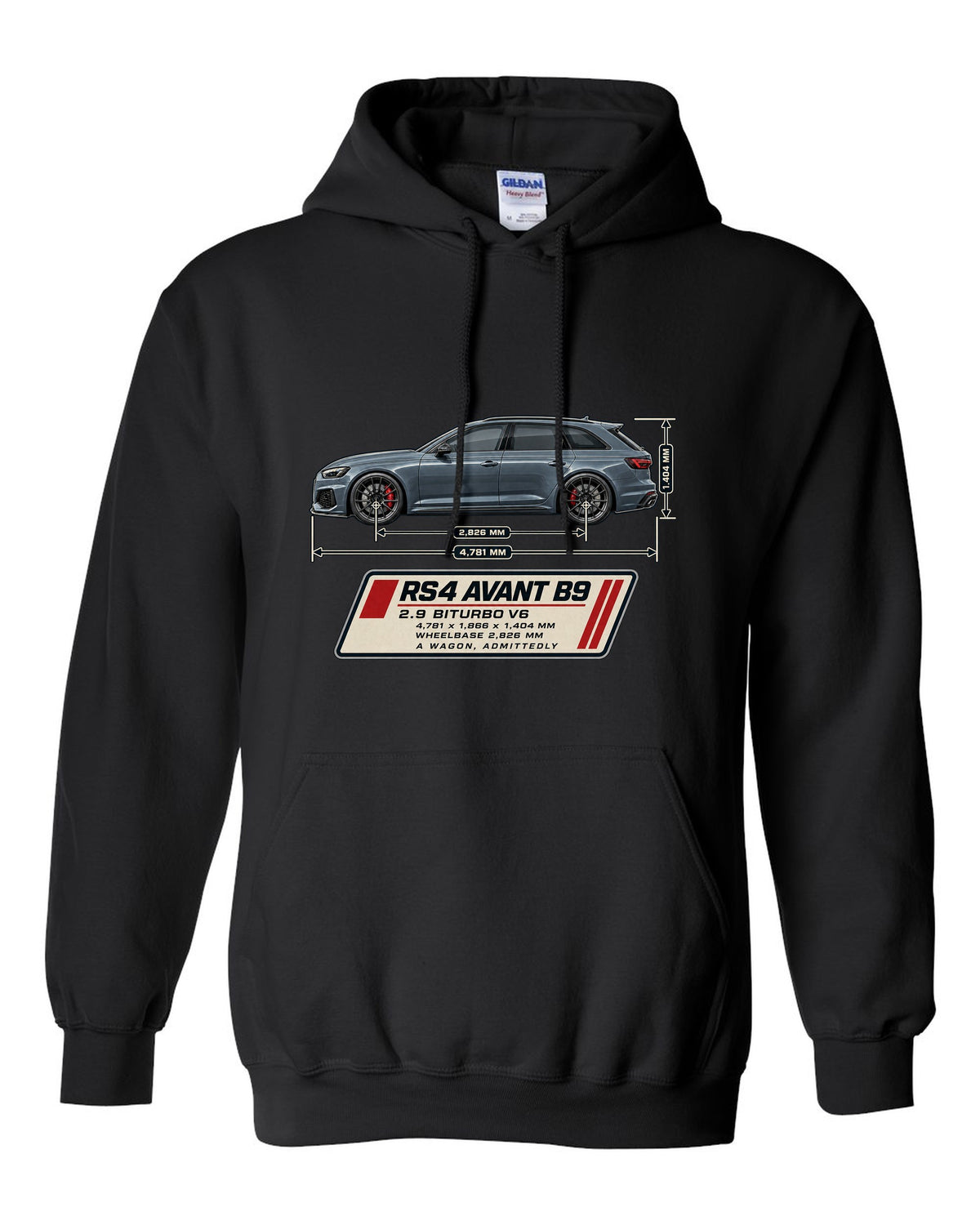 Audi RS4 Avant B9 dimension blueprint print with measurements black pull over hoodie front view with the design