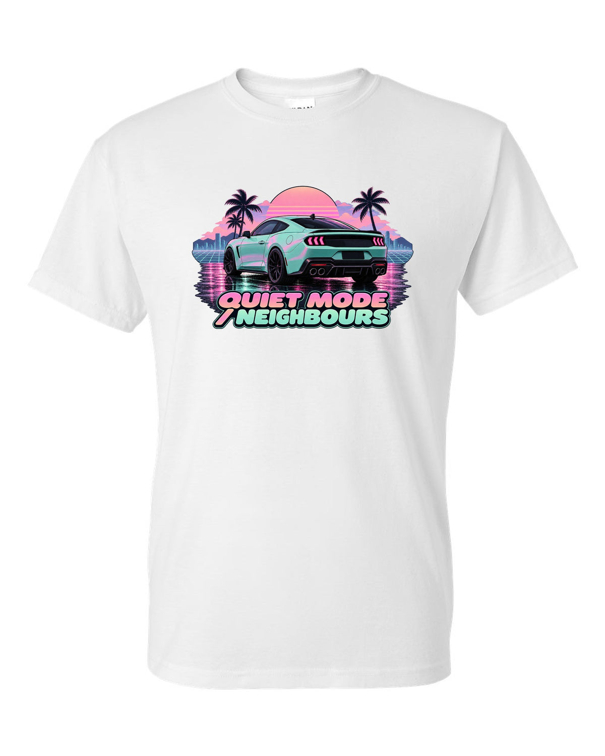 Vaporwave pastel print of a 2024 S650 Mustang coupe on wet asphalt with Quiet Mode text white t-shirt front view with the design