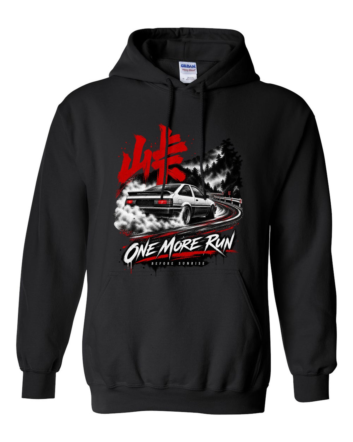 print of a Toyota AE86 Corolla Levin on a night touge road with kanji black pull over hoodie front view with the design