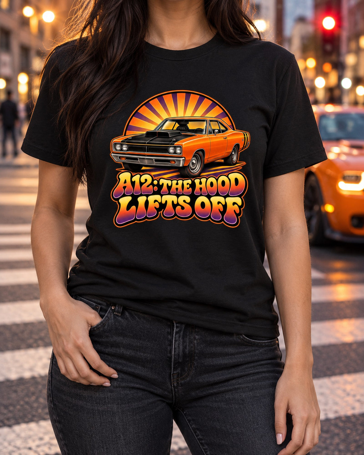 1969 Super Bee A12 Sunburst Shirt, Lift-Off Hood Car Tee T-Shirt Black worn hero