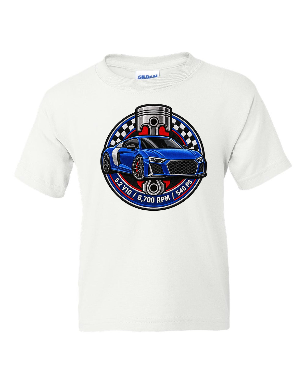 Varsity badge crest print of an Audi R8 4S with 5.2 V10 and 540 PS text white kids tee front view with the design
