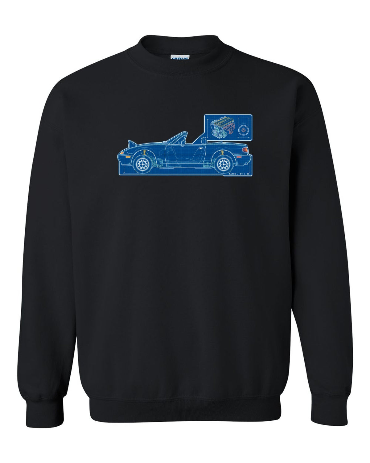 Sticker-bomb collage of a Mazda MX-5 NC rear with MZR 2.0 167 HP text black crewneck front view with the design