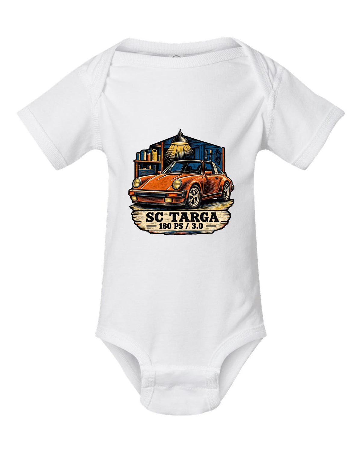 Blueprint line art print of a Porsche 356 A 1.6 L flat-four engine with the text 1600, 60 HP and fan on top white baby onesie front view with the design