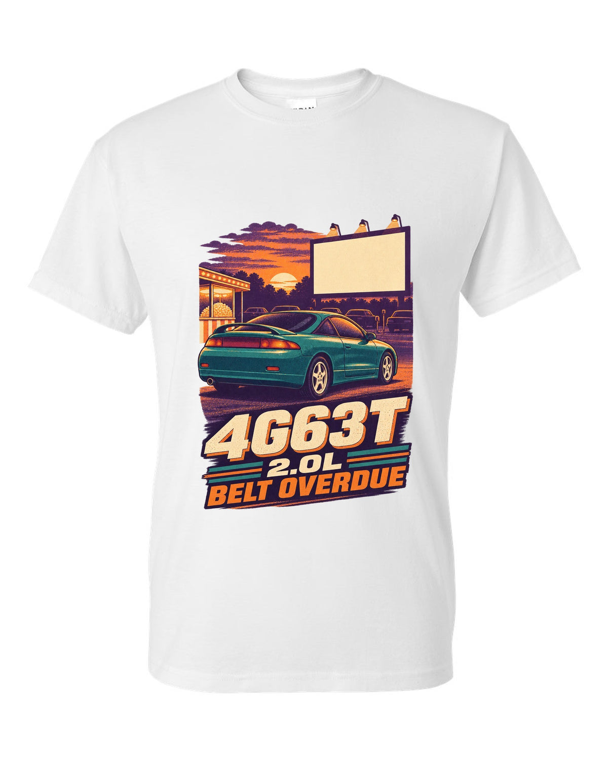 Vintage race-poster lithograph print of a Mitsubishi Eclipse 2G with 4G63T 2.0L belt overdue lettering white t-shirt front view with the design