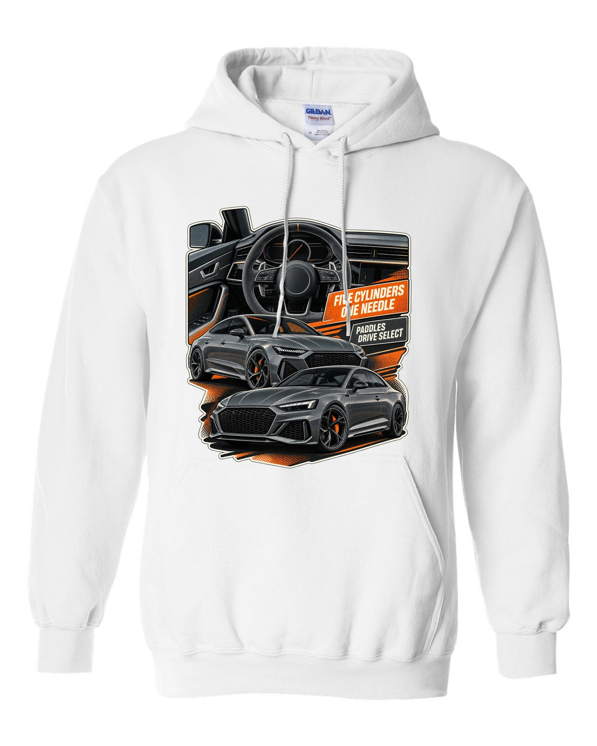 Interior and gauge cluster print of an Audi RS3 8Y white pull over hoodie front view with the design