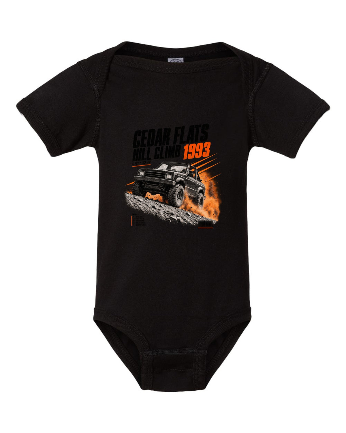 Race poster print for the Jeep Wrangler YJ, Cedar Flats Hill Climb 1993 black baby onesie front view with the design