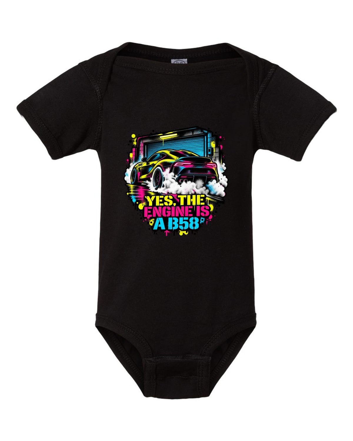 Stencil spray street art of a Toyota GR Supra A90 burnout on a garage door black baby onesie front view with the design