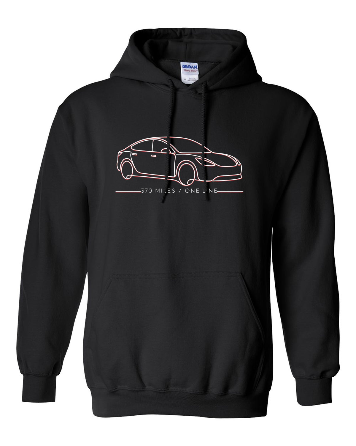 Continuous single-line contour drawing of a 2019 Tesla Model S Raven with the words 370 Miles One Line black pull over hoodie front view with the design
