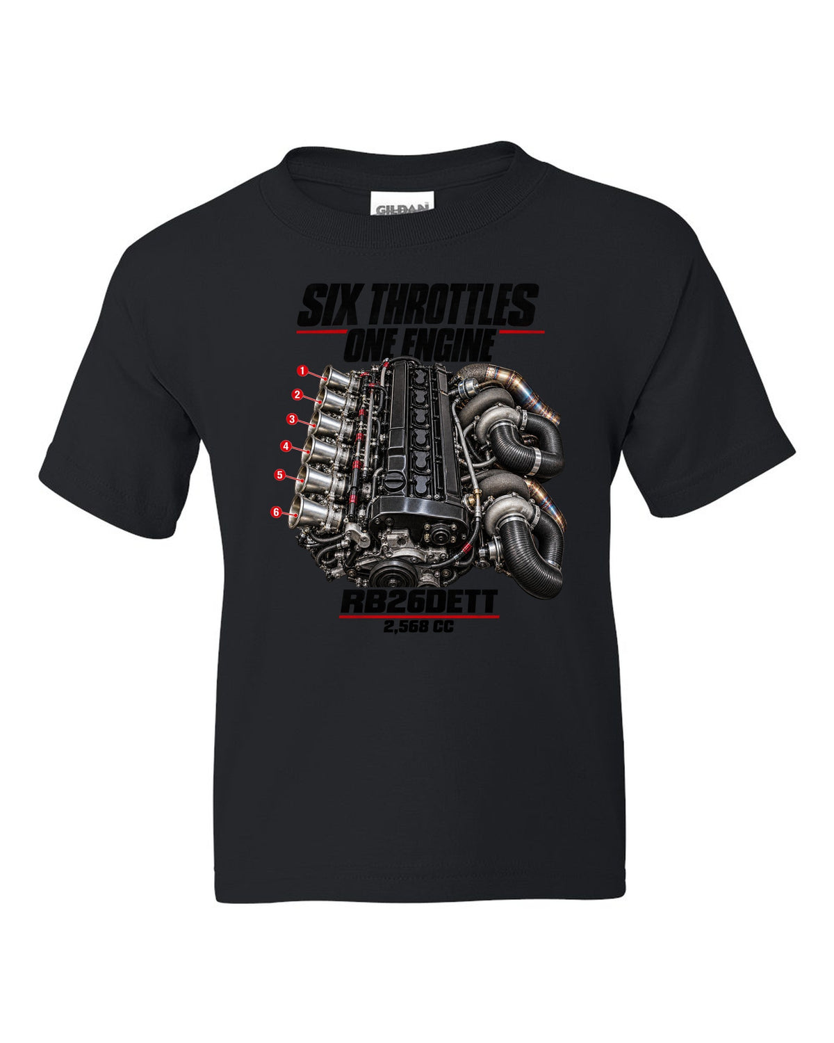 print of the RB26DETT six-throttle engine from the Nissan Skyline GT-R R32 black kids tee front view with the design
