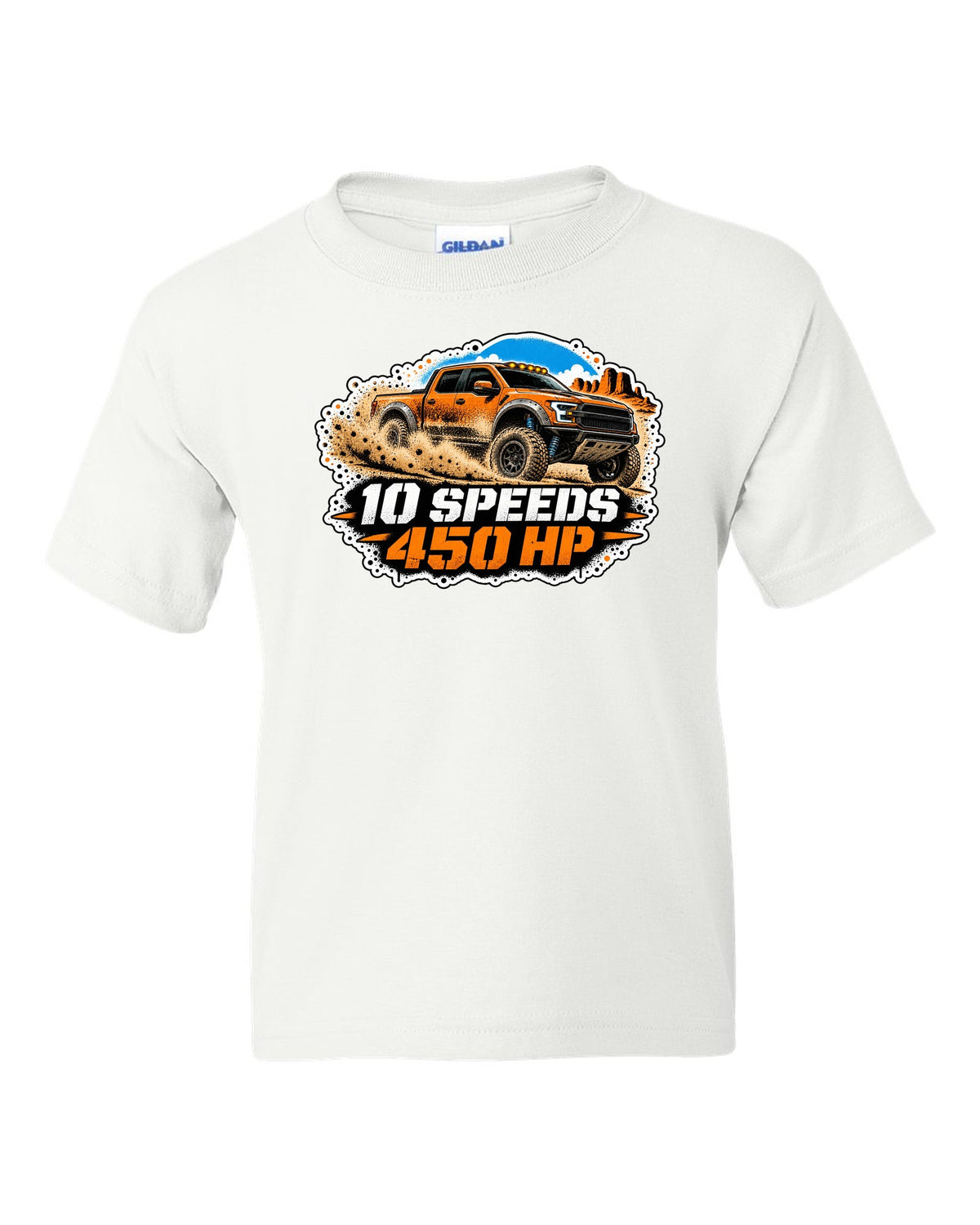 Spray stencil street art print of a 2017-20 Ford F-150 Raptor Gen 2 P552 in desert dust white kids tee front view with the design