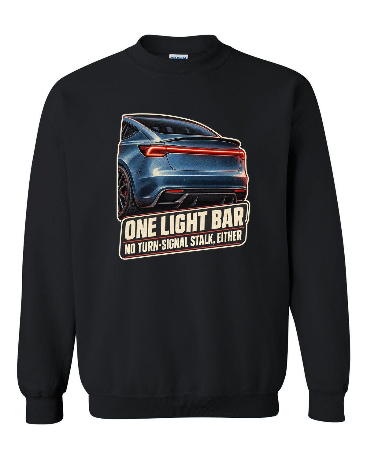 Rear taillight macro print of a Tesla Model 3 Performance Highland with a light bar black crewneck front view with the design