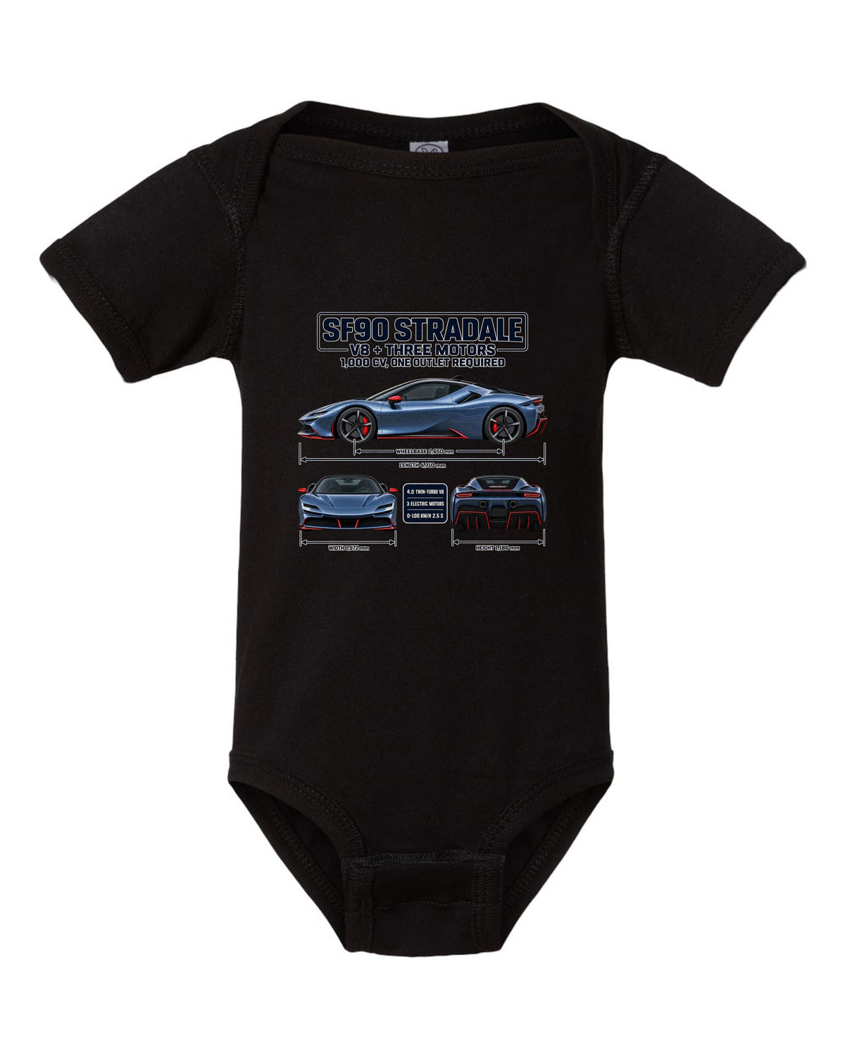 Ferrari SF90 Stradale three-view spec sheet print with V8 plus three motors, 1,000 CV black baby onesie front view with the design