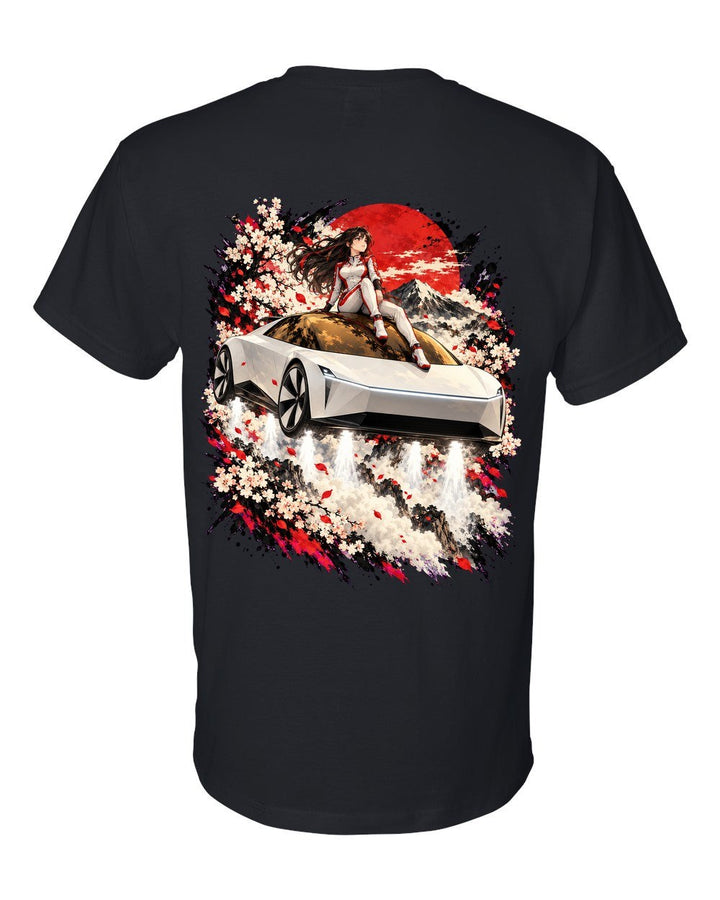 Tesla Roadster Rooftop Anime Girl T-Shirt Black back