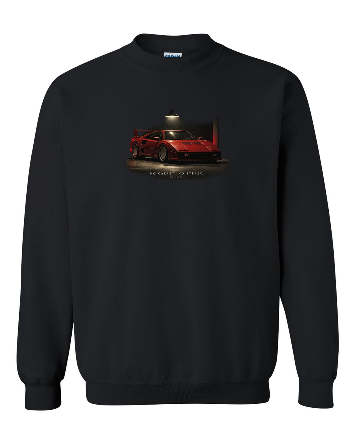 Ferrari F40 1987 front three-quarter at night, print: no carpet, no stereo, no notes black crewneck front view with the design