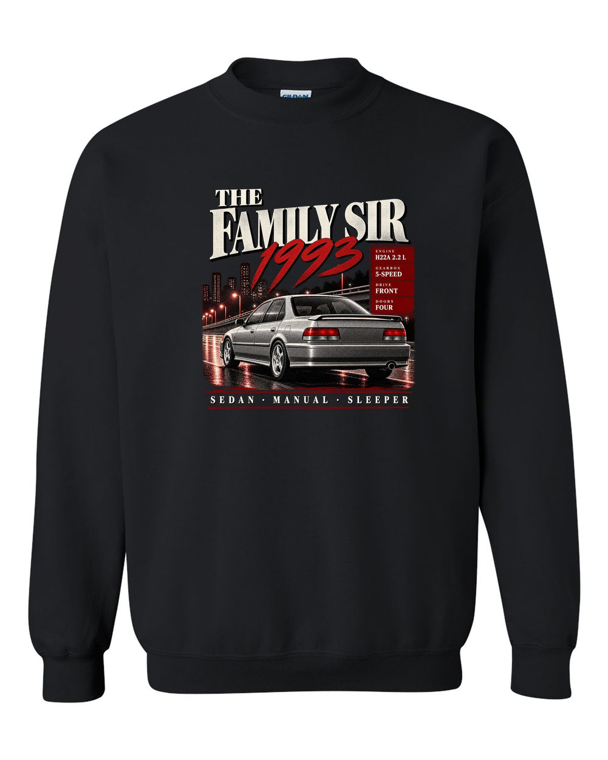 Archive panel print for the Honda Accord CD6 SiR sedan reading The Family Sir 1993 black crewneck front view with the design